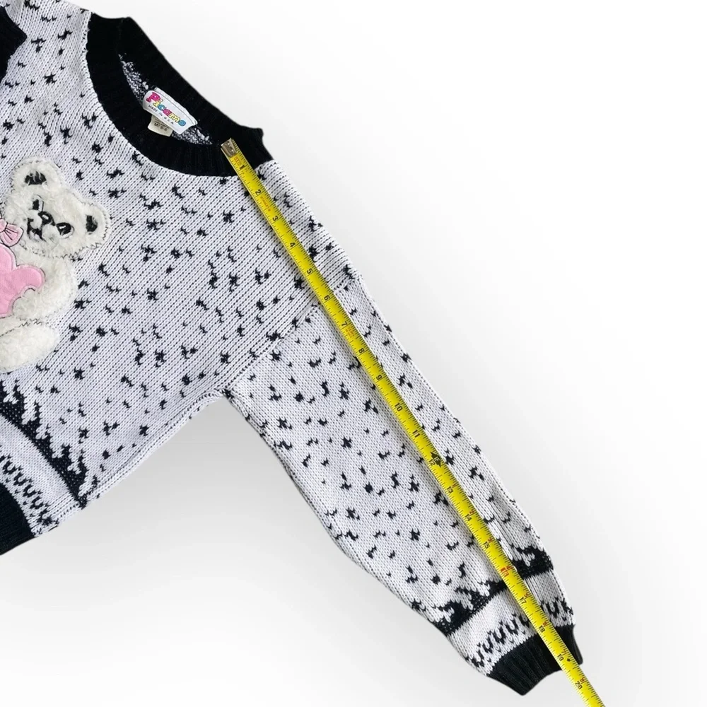 Vintage Picamo White Black Knit 3D Teddy Bear Heart Sweater Girls 5/6 80s Retro